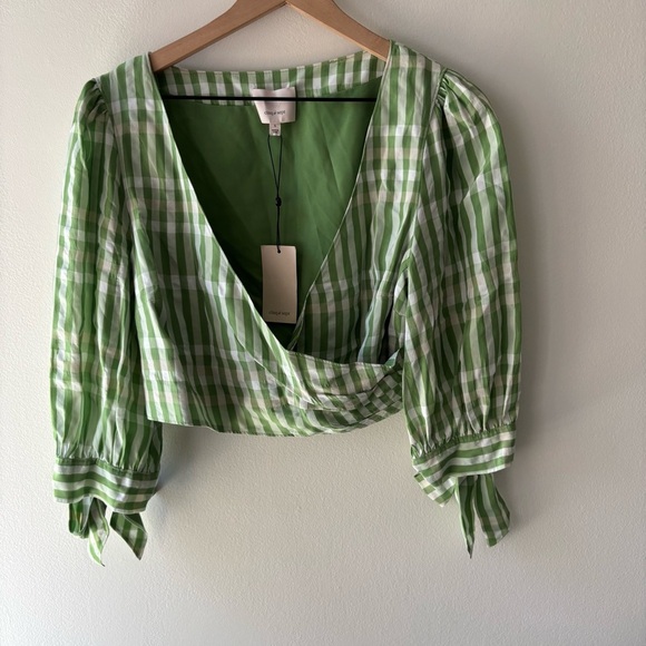 CINQ‎ A SEPT Flora Check Faux Wrap Top Size S Hemp (Green) - Picture 5 of 10